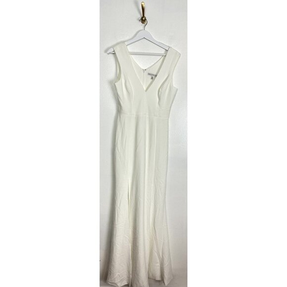 DRESS THE POPULATION Sandra Plunge Crepe Trumpet Gown in Off White Size Medium - Picture 6 of 15